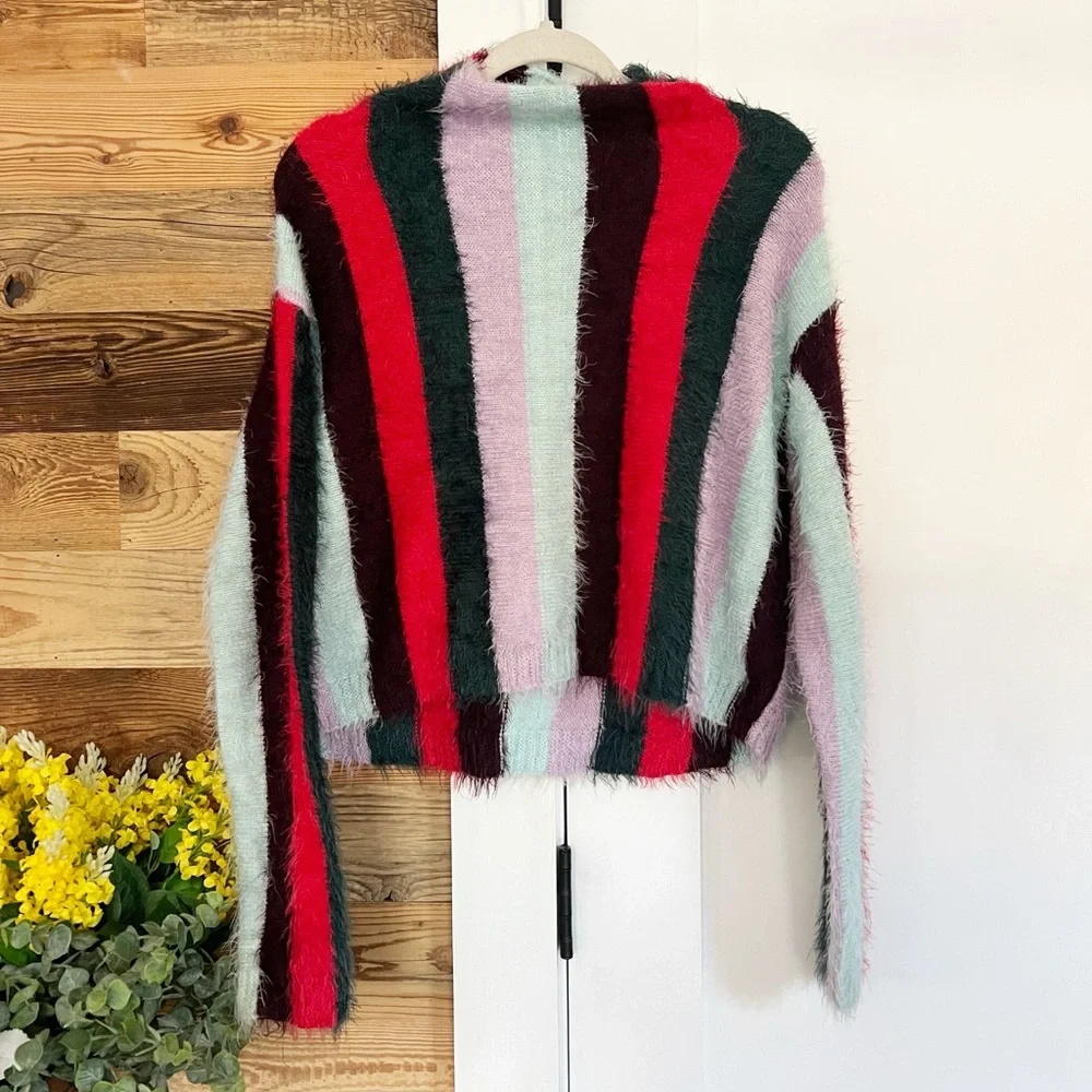 Blank NYC The Mad Hatter Multi Striped Fuzzy Mock Neck Sweater Top